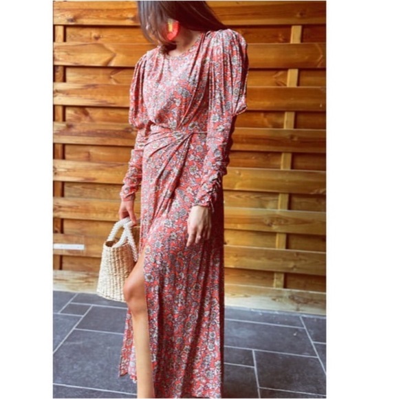 Zara FLORAL PRINTED DRAPED MIDI Flowy DRESS Long Sleeve Puff Shoulders Sz XS NEW - Picture 5 of 16